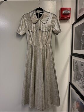 Emilia Wickstead Silver Metallic Midi Dress with Peter Pan Collar